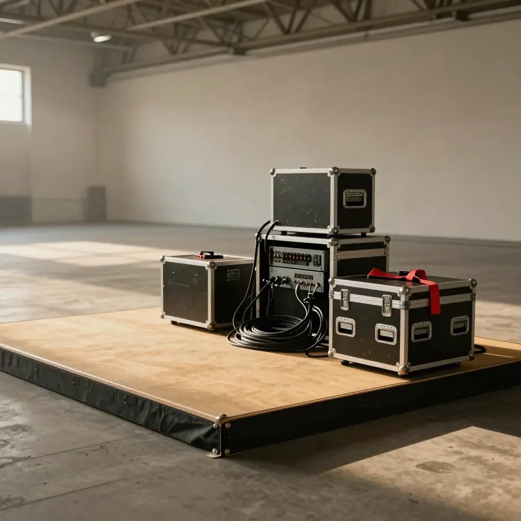 Leere Messeecke mit Flightcases, gerolltem Teppich und Kabeln im Aufbau vor Öffnung.