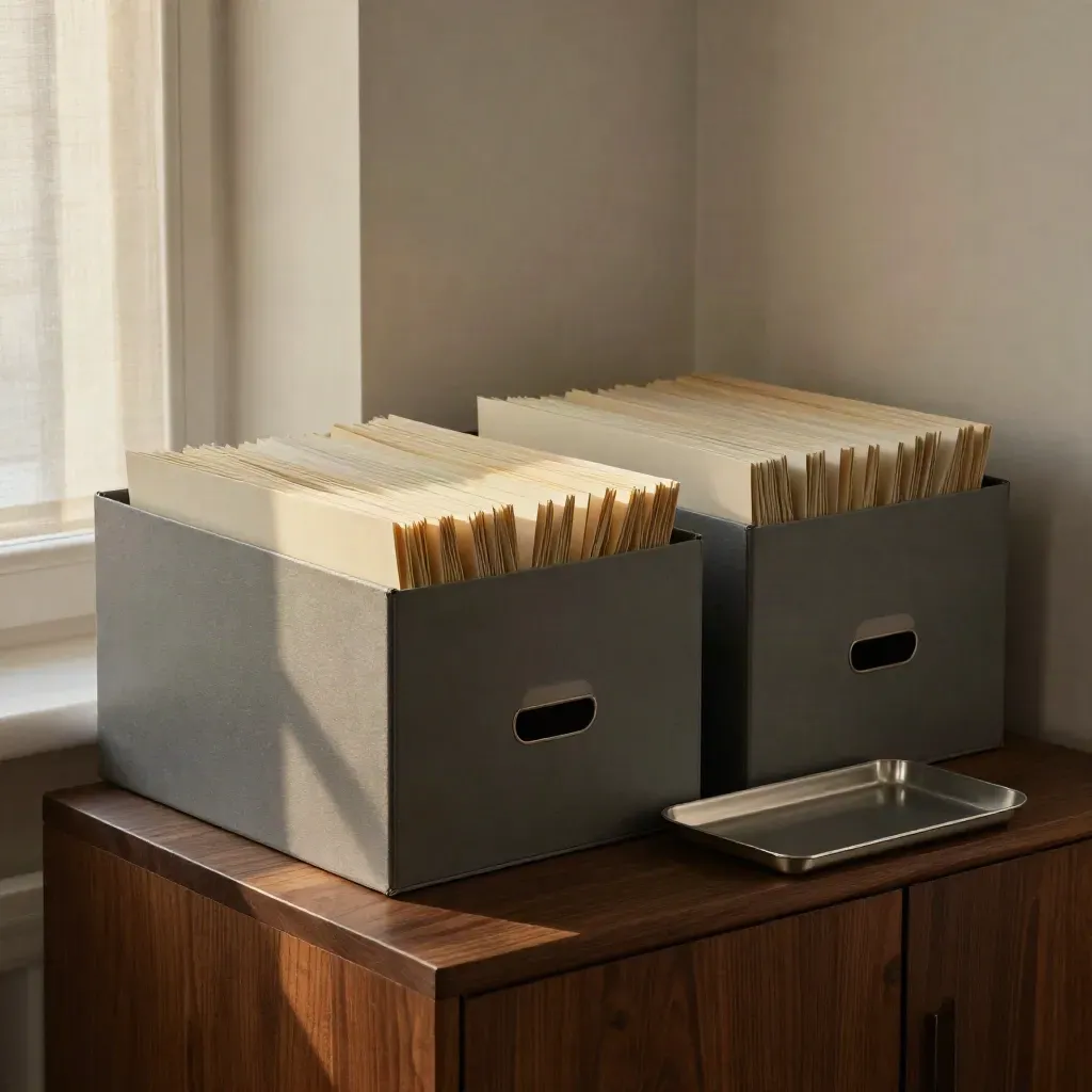 Abendliche Kanzleiecke mit Archivboxen und cremefarbenen Akten auf dunklem Holz.