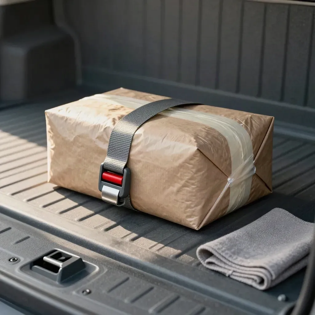 Zurrgurt und versiegeltes Paket im Laderaum, mit rotem Akzent und grauem Boden.