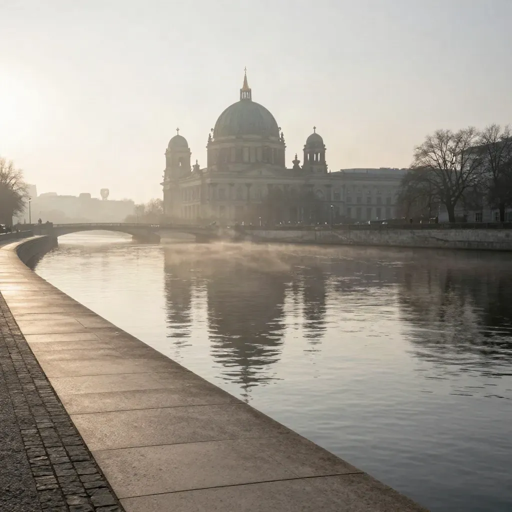 Berliner Mitte an der Spree im Morgenhaze mit Museuminsel und Kuppeln